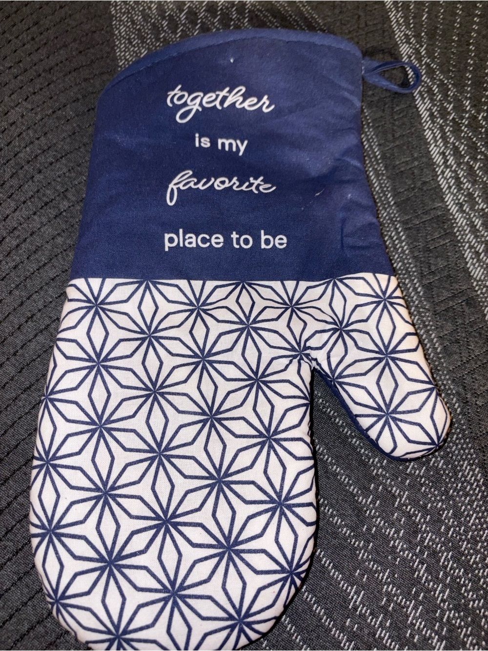 Navy and White Patterned Oven Mitt - "together is my favorite place to be"